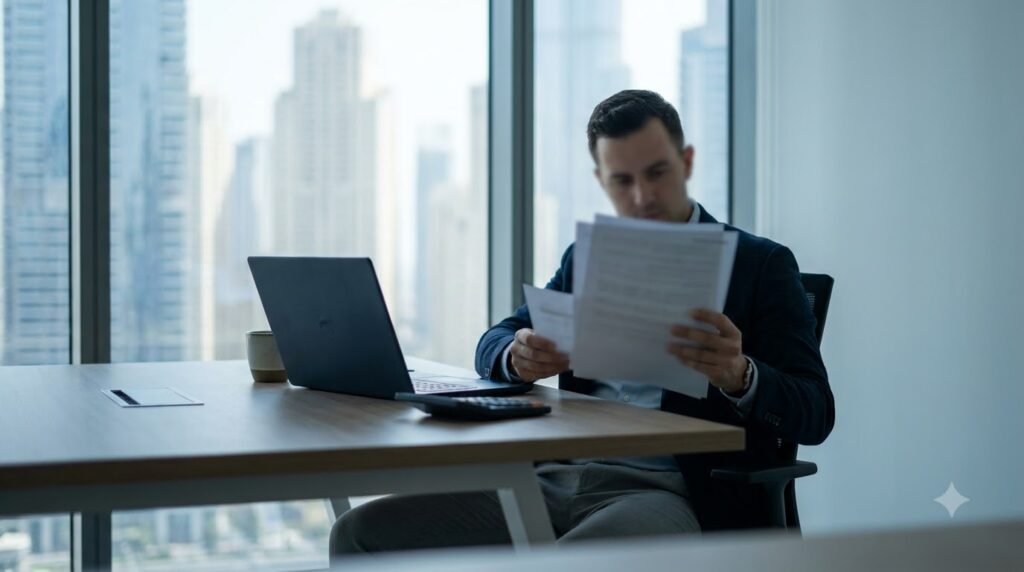 Business owner reviewing printed marketing budget documents beside a laptop in a Dubai office