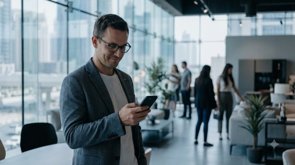 Small business owner in a bright Dubai showroom reading a customer enquiry on a smartphone