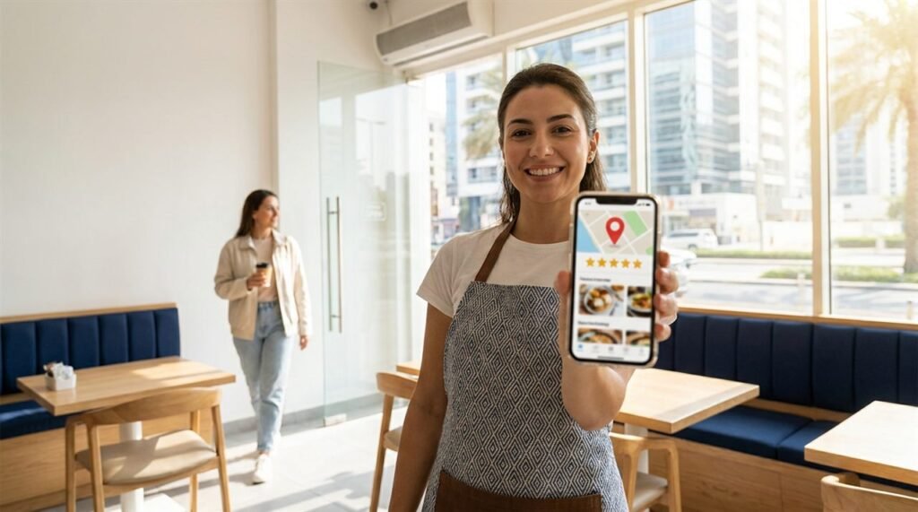 Smiling Dubai cafe owner holding up a phone showing a five star map listing