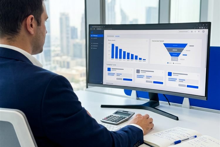 Marketer reviewing a paid ads dashboard with falling cost per lead and a conversion funnel