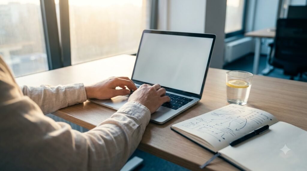Close up of hands typing on a laptop beside a notebook of handwritten diagrams