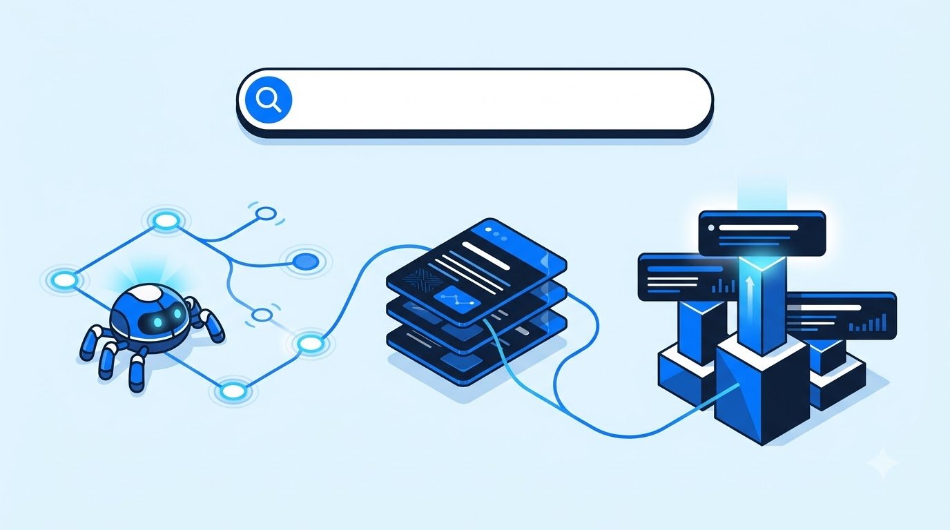 Search crawler following links, then indexed document cards, then ranked search results