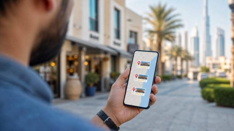 Person on a Dubai street checking nearby businesses and star ratings on a map app on their phone