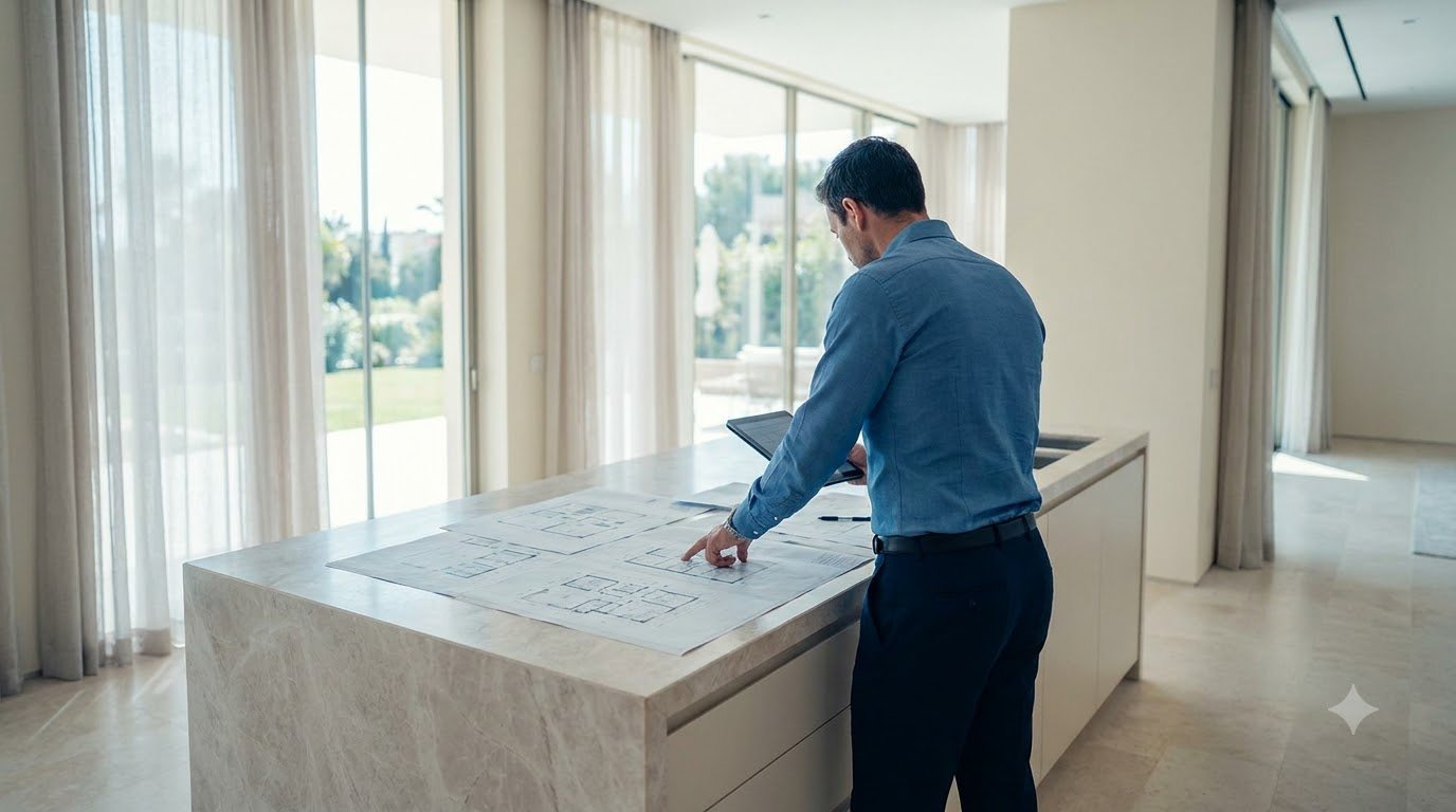 Real Estate & Property Valuation Marketing Dubai Property valuation professional reviewing architectural floor plans inside a bright modern villa