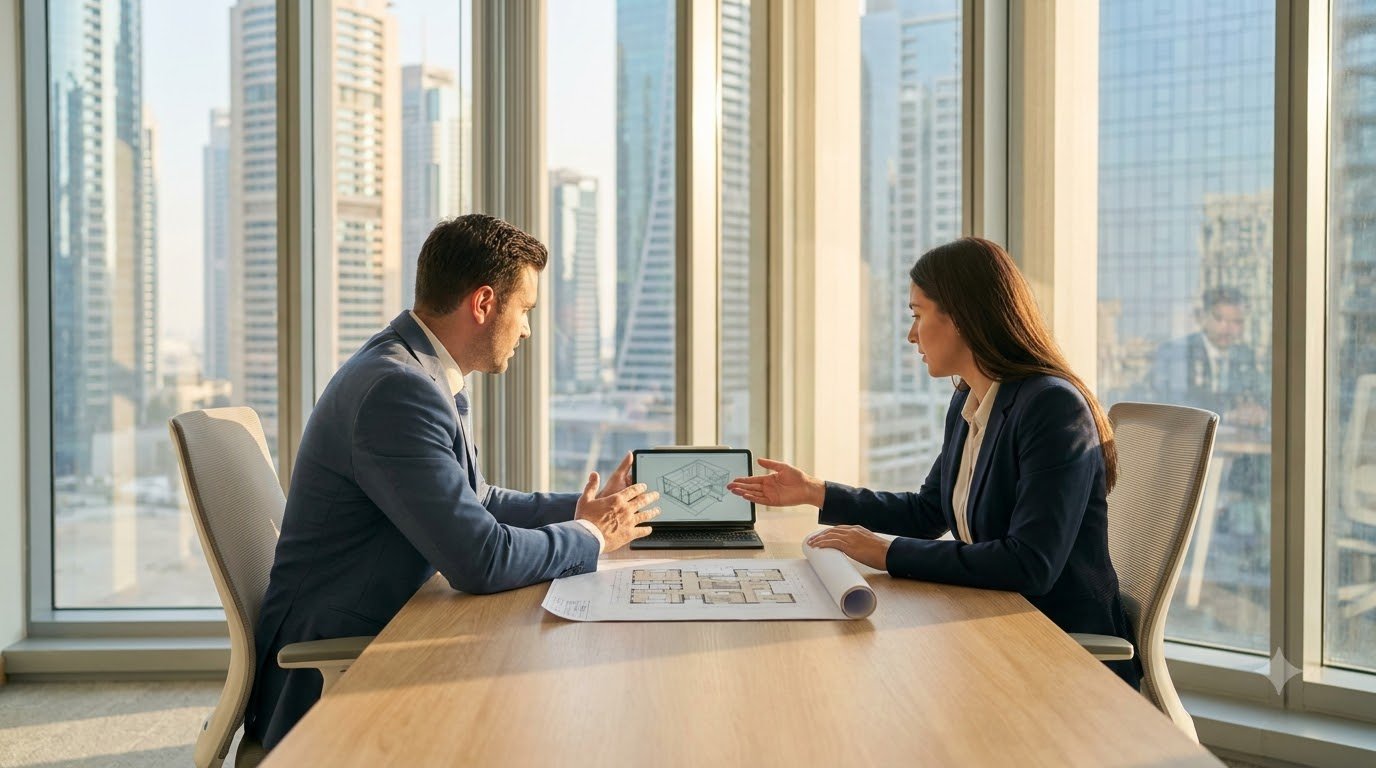 Real Estate & Property Valuation Marketing Dubai Two property professionals reviewing a floor plan across a table in a Dubai office with city towers behind