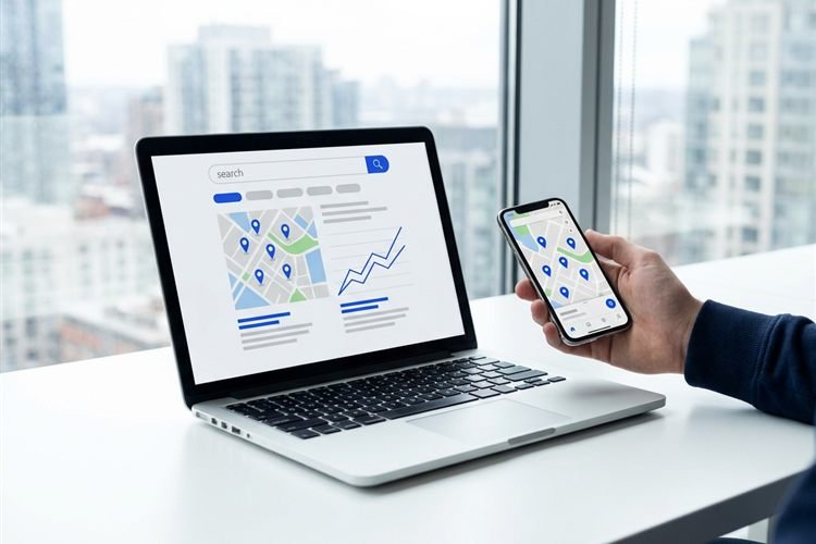 Laptop showing local search results with map pins and rising organic traffic, next to a phone with a map