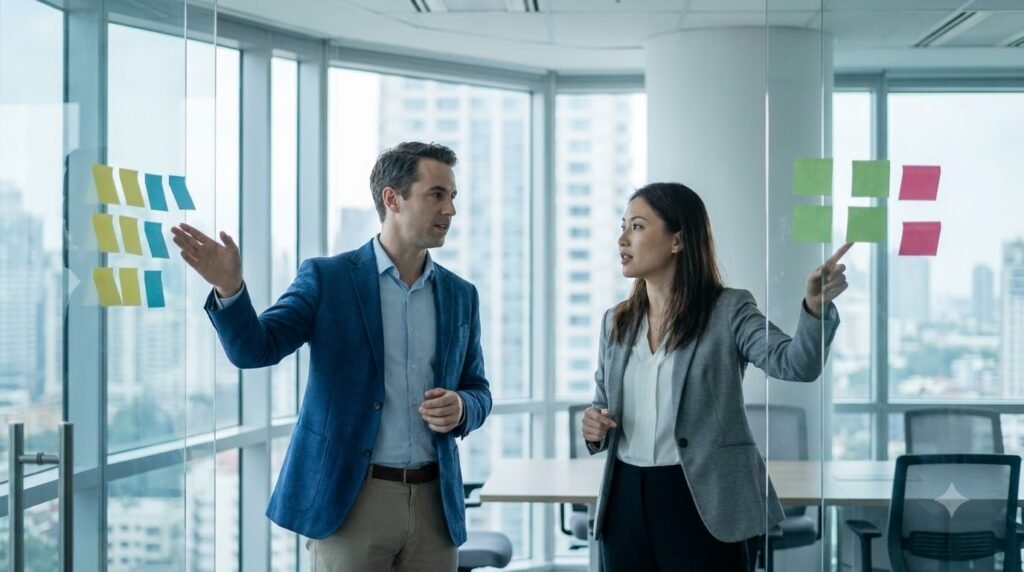 Two marketing professionals at a glass wall of sticky notes weighing two approaches against each other
