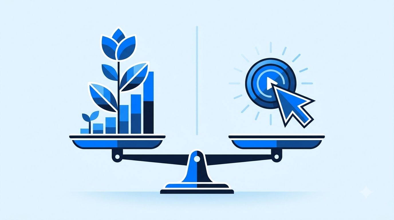 Balance scale weighing organic growth against paid advertising clicks