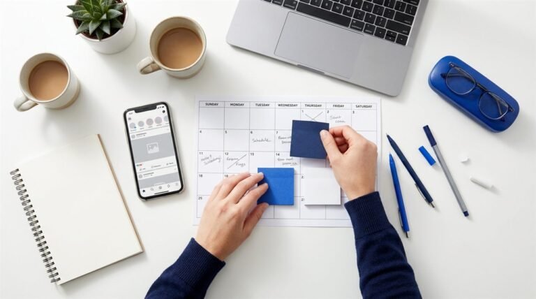 Small business owner planning a social media content calendar with sticky notes