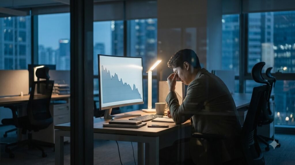 Person alone at a desk at dusk studying a flat declining traffic graph on a monitor