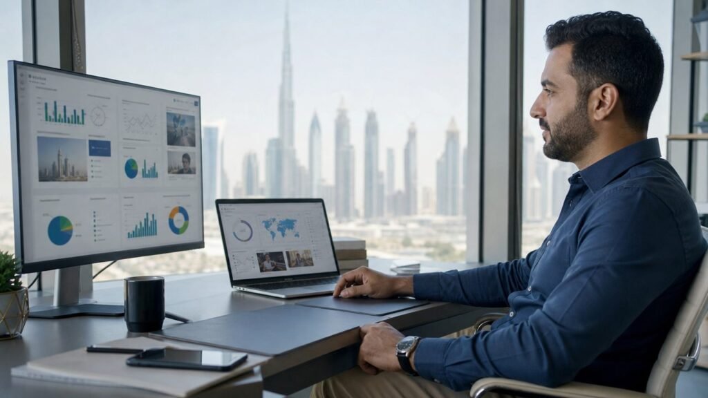 Business owner in a bright Dubai office reviewing marketing dashboards on a monitor and laptop