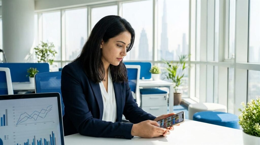Social media manager in a Dubai office reviewing a grid of posts on her phone