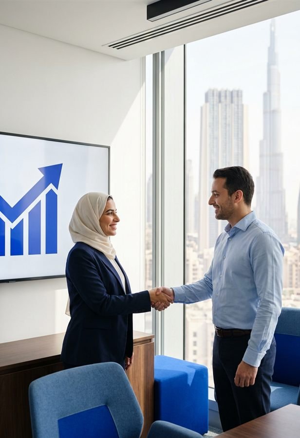 Client and Bluetick Media strategist shaking hands in a Dubai meeting room with a growth chart on screen