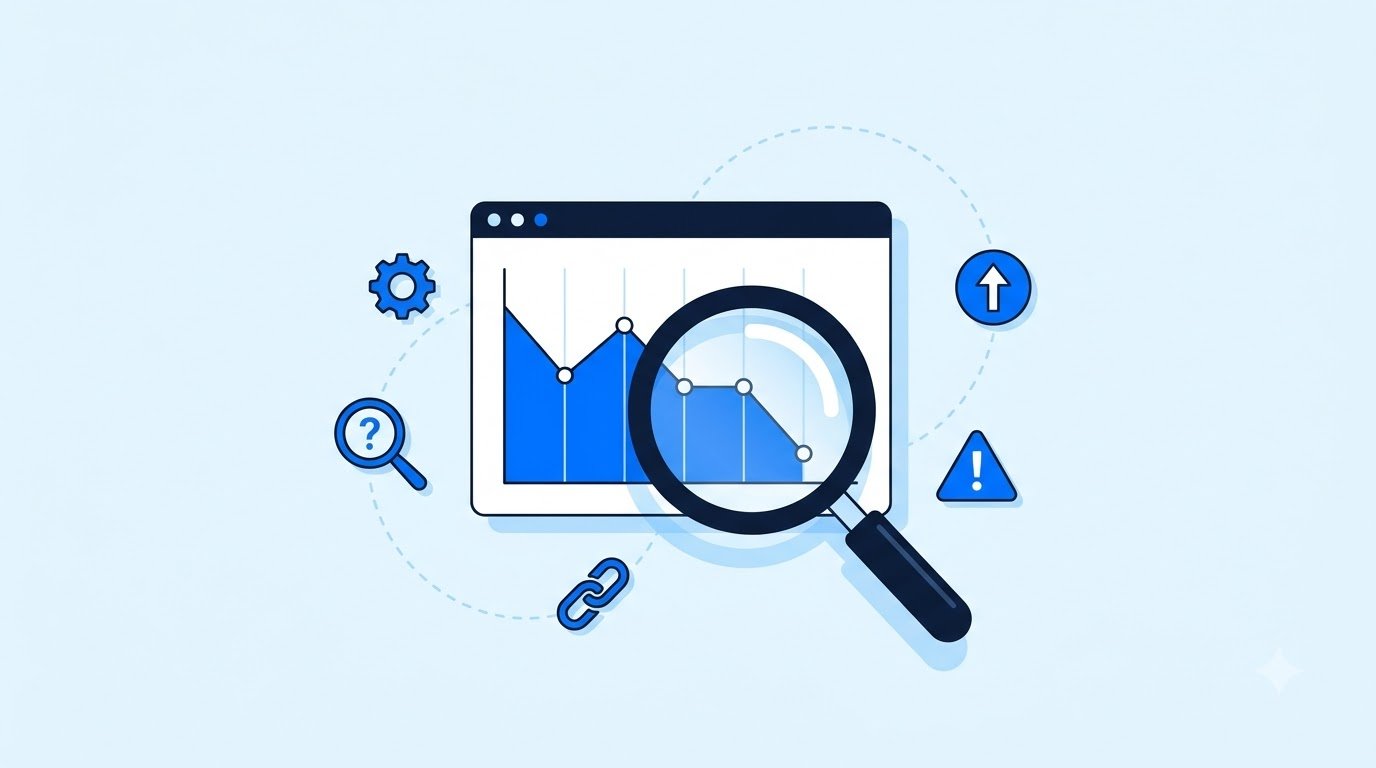 Magnifying glass inspecting a declining website traffic graph in a browser window